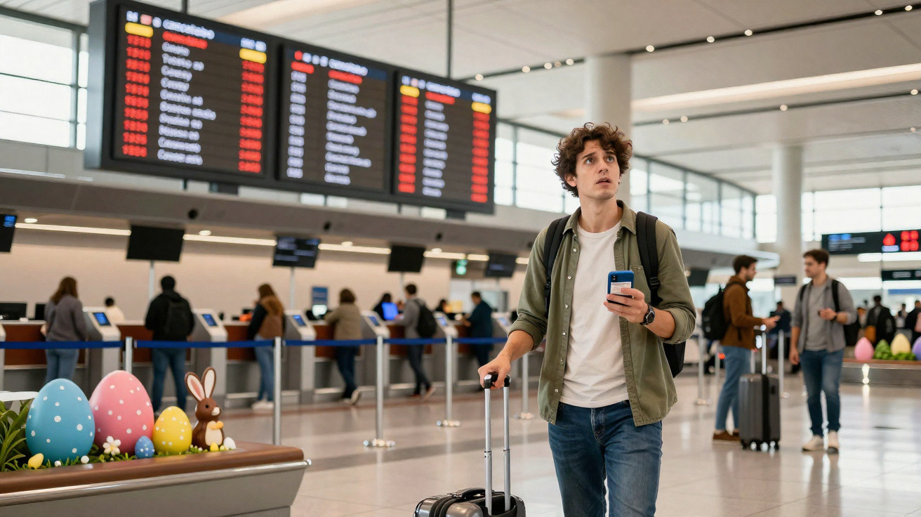 Jovem com mala e telemóvel no aeroporto, a olhar para o painel de voos, decoração de ovos de Páscoa à esquerda.