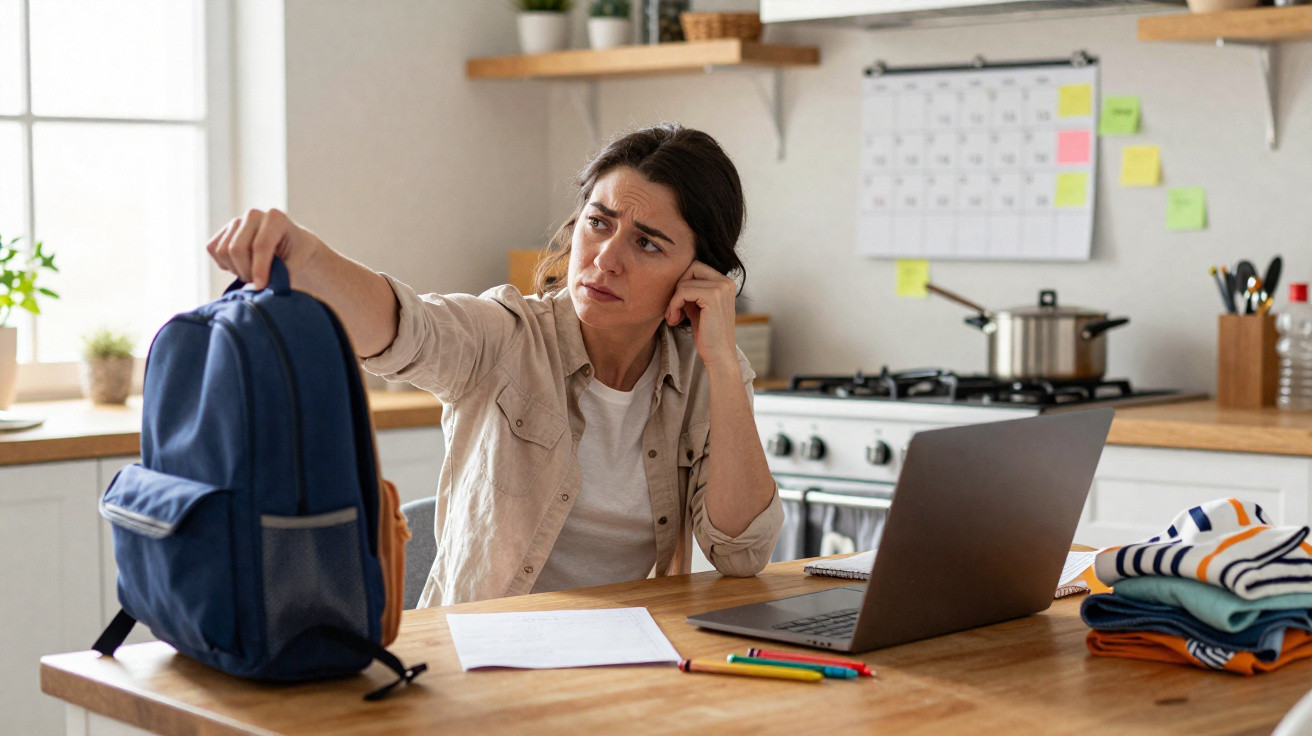 Mulher preocupada sentada na cozinha com mochila, papéis, lápis e computador portátil à sua frente.