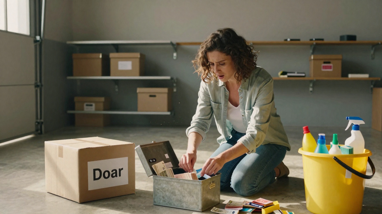 Mulher a organizar objetos e fazer doações num espaço com caixas e produtos de limpeza.
