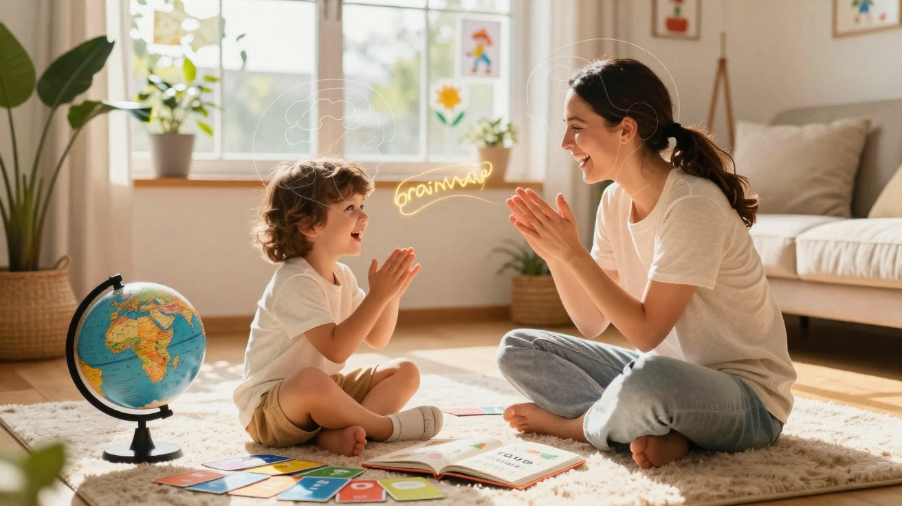 Criança e mulher sentadas no chão a brincar e aprender, com globo terrestre e livros numa sala iluminada.
