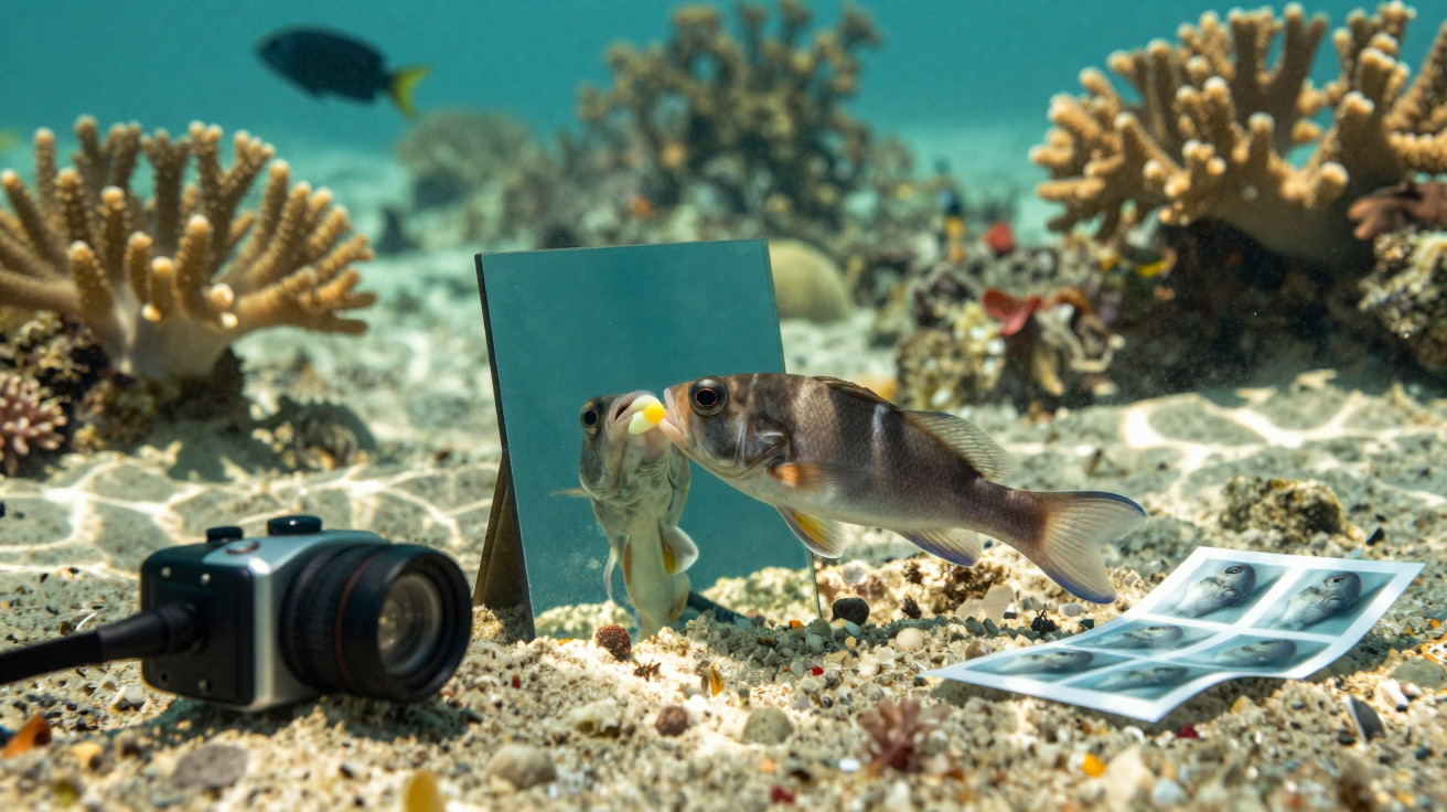 Peixe a olhar para o seu reflexo num espelho subaquático, com uma câmara e fotos no fundo do mar.