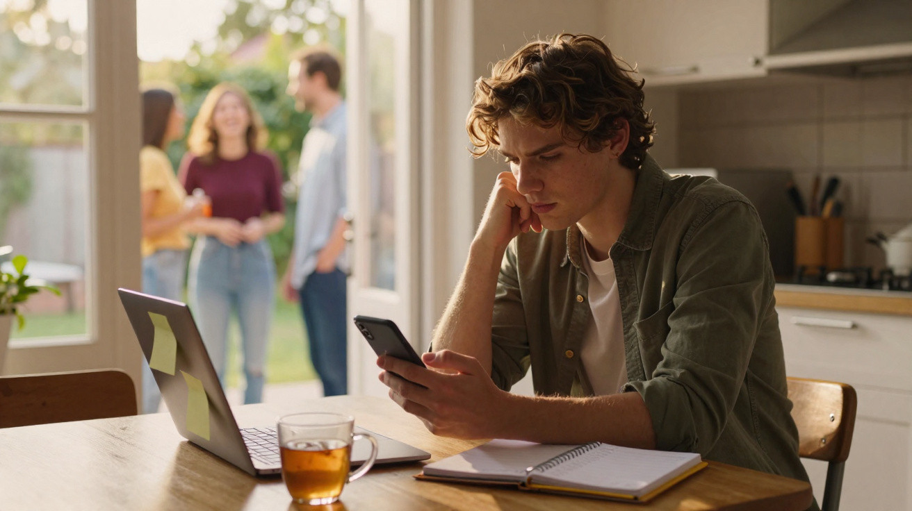 Jovem sentado à mesa a olhar para o telemóvel, com laptop aberto e caderno, enquanto três pessoas conversam ao fundo.