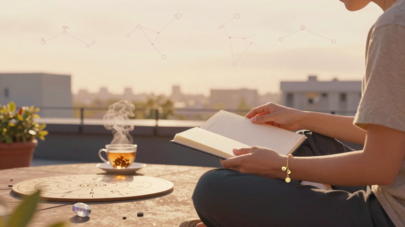 Pessoa a ler um livro num terraço ao pôr-do-sol com chá e símbolos astrológicos visíveis no ar.