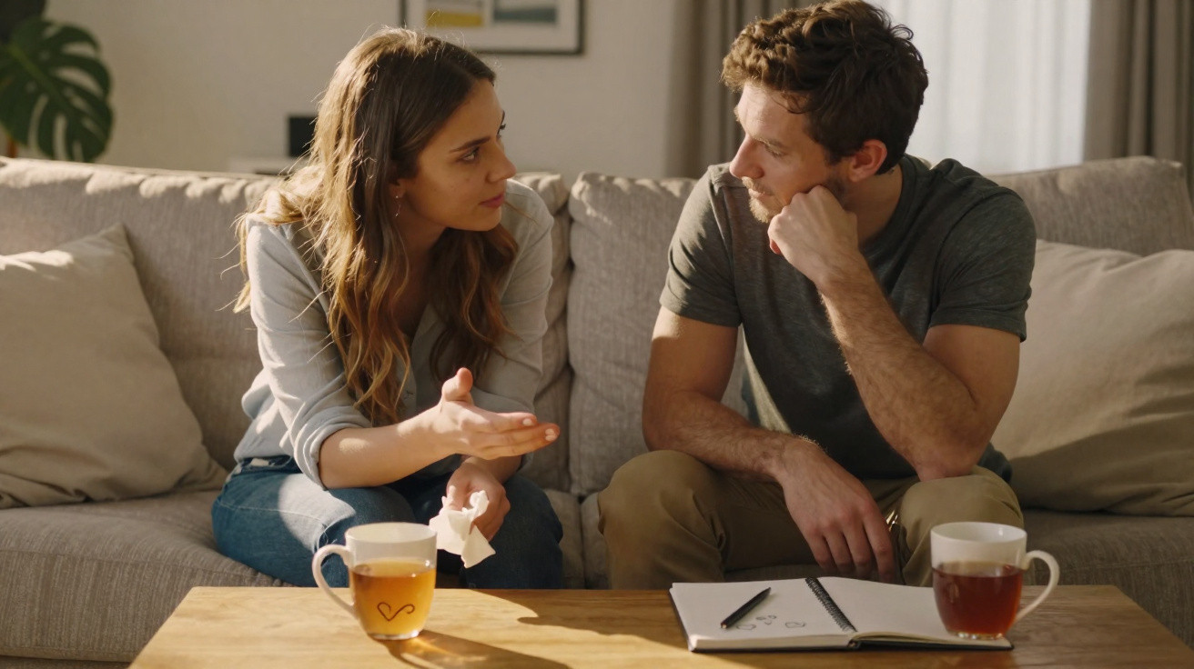 Casal sentado no sofá a conversar seriamente, com chá e caderno na mesa em frente.