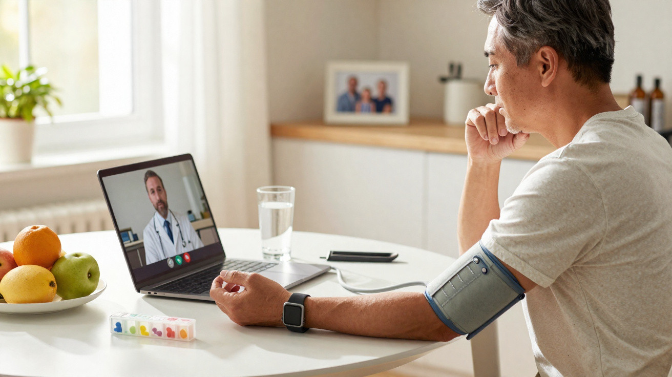Homem a fazer consulta médica online com medidor de tensão arterial no braço, sentado à mesa em casa.
