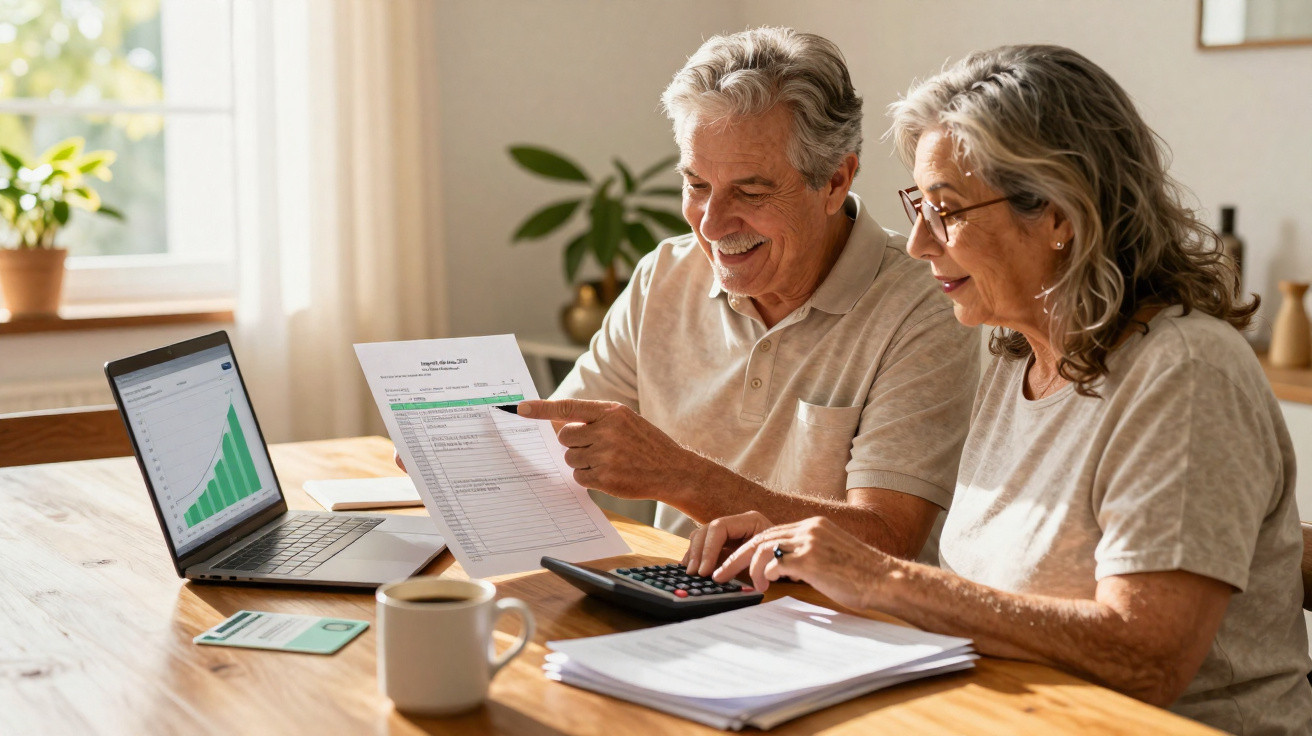 Casal sénior a analisar documentos financeiros e usar calculadora numa mesa com portátil e café.