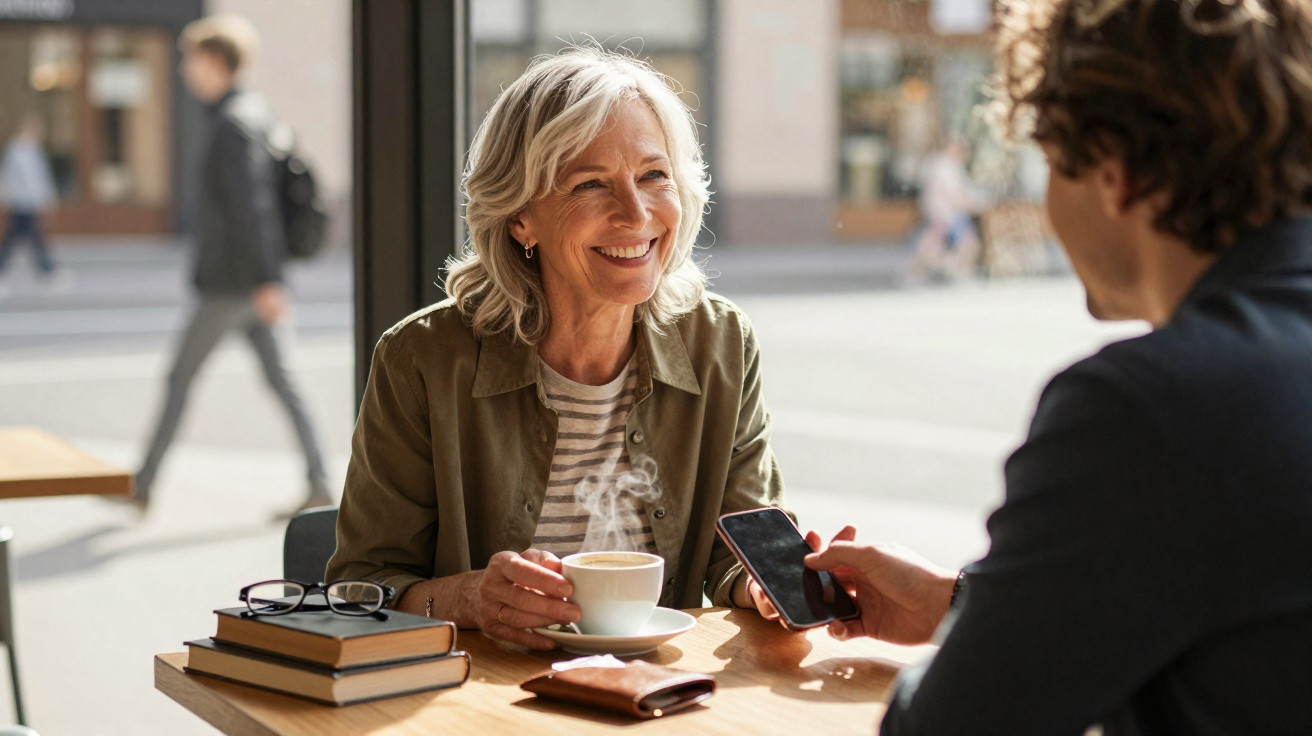 Duas pessoas sentadas numa mesa de café, uma mulher sorridente a segurar uma chávena de café quente.