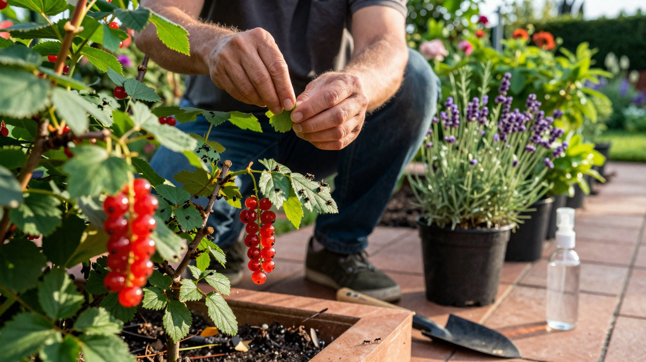 Pessoa a cuidar de plantas com frutos vermelhos num jardim, com vasos de flores e ferramentas por perto.