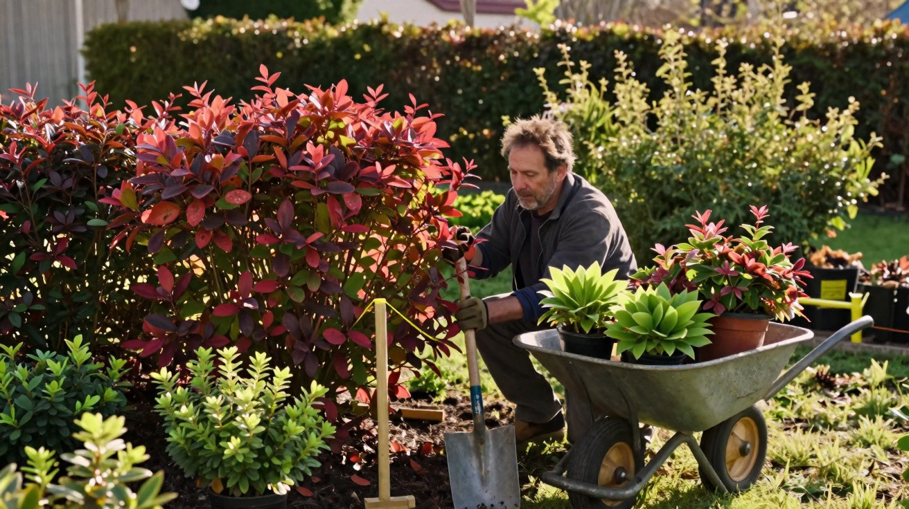 Homem a jardinar com enxada perto de arbustos vermelhos, com carrinho cheio de plantas num jardim ensolarado.
