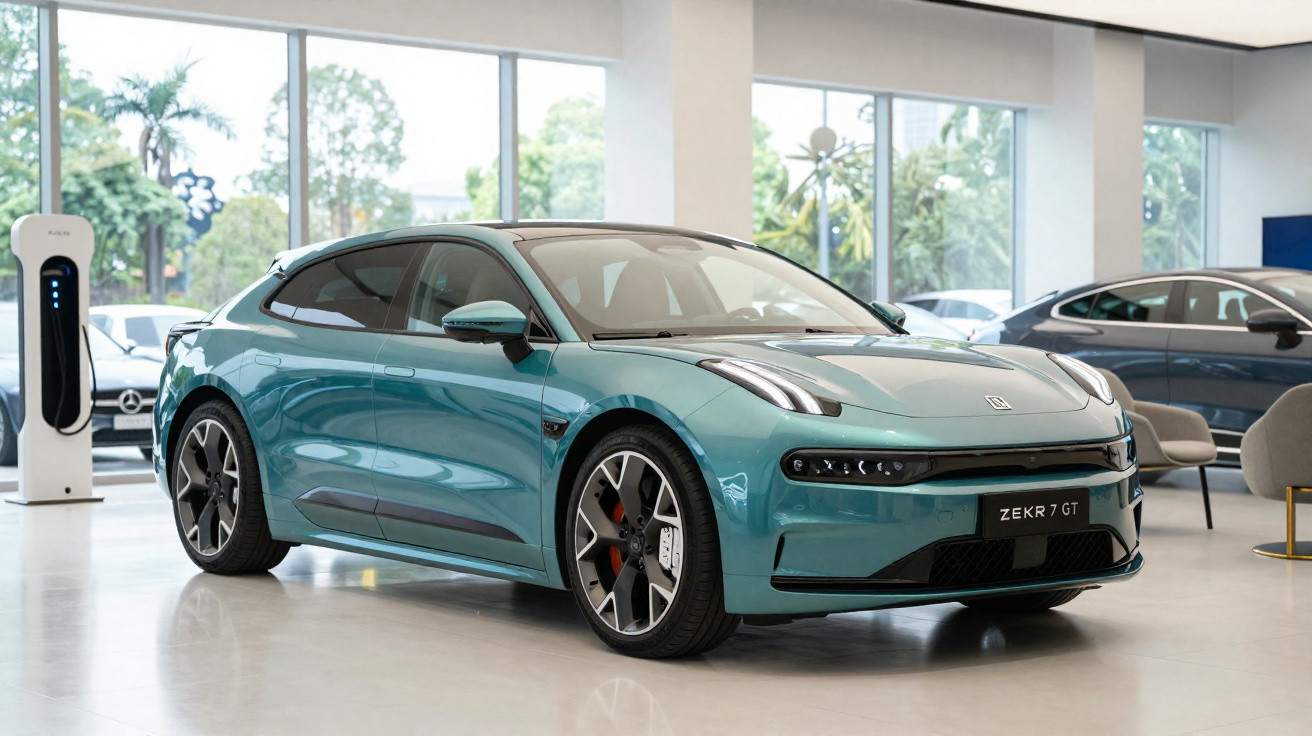 Carro elétrico azul ZEKR 7 GT num showroom moderno com grandes janelas e estação de carregamento.