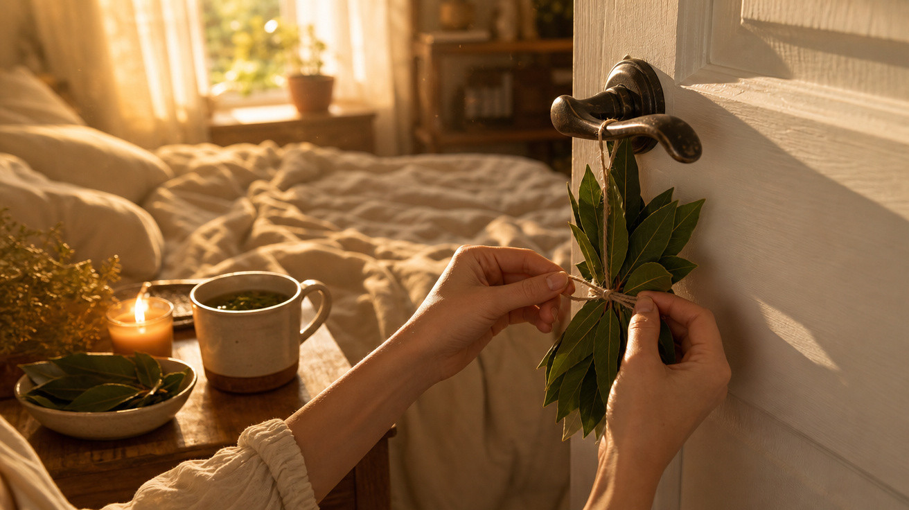Mãos a pendurar folhas verdes amarradas numa porta branca, com cama e chá ao fundo iluminados pela luz do sol.