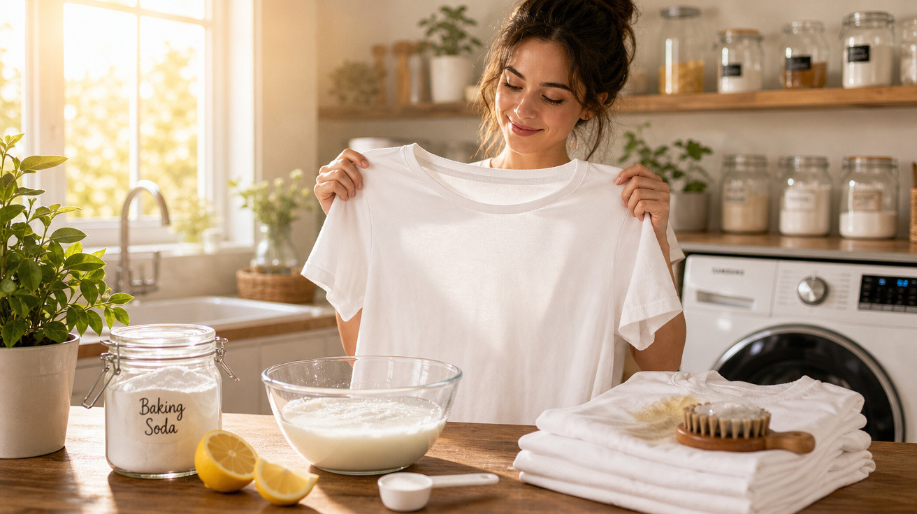 Mulher segura t-shirt branca limpa com produtos naturais para lavar roupa na cozinha iluminada.