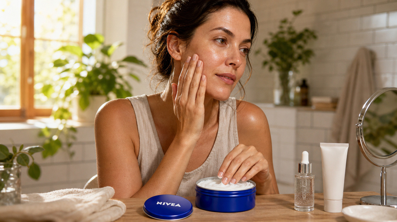 Mulher a aplicar creme facial Nivea no rosto, sentada numa mesa com produtos de cuidados de pele.