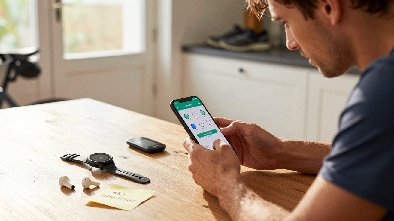 Homem sentado numa mesa a usar smartphone, com auscultadores, relógio e nota em cima da mesa.
