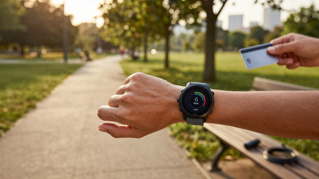 Pulso com relógio inteligente num parque, com mão segurando cartão bancário para pagamento contactless.