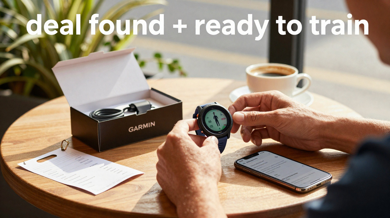 Pessoa a preparar relógio Garmin para treino numa mesa com caixa aberta, telemóvel e café.