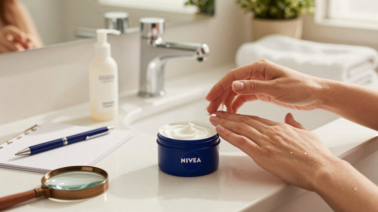 Mãos femininas a aplicar creme Nivea num balcão de casa de banho com outros objetos ao lado.