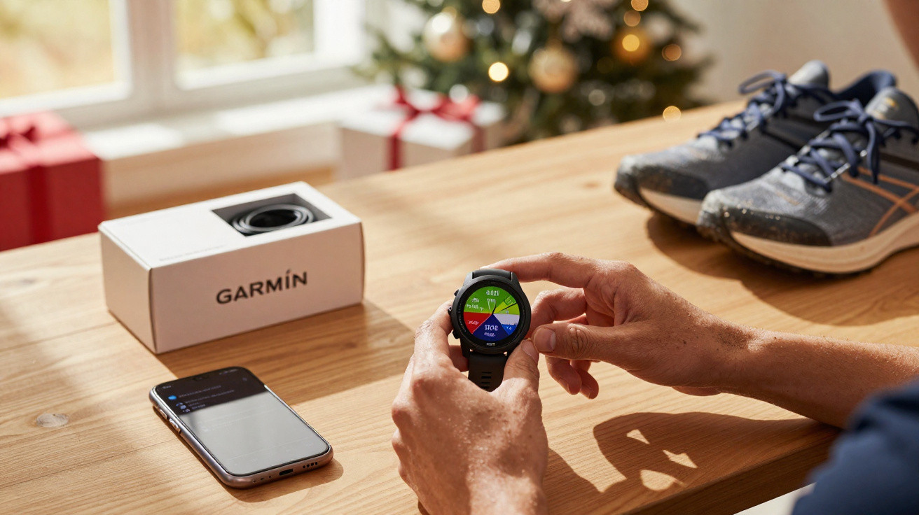 Pessoa a usar relógio Garmin desportivo junto a telemóvel, calçado de corrida e árvore de Natal com presentes.