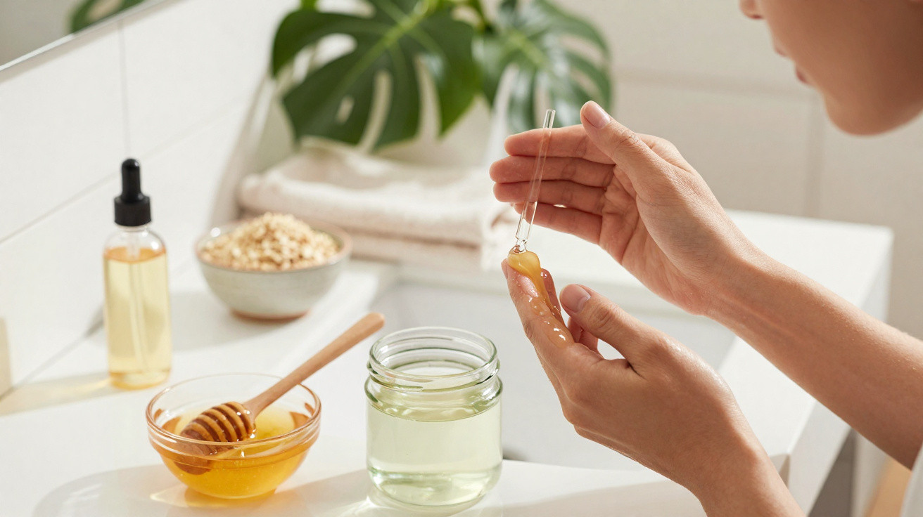 Pessoa a aplicar óleo natural com conta-gotas, com mel e aveia em frascos num balcão branco.