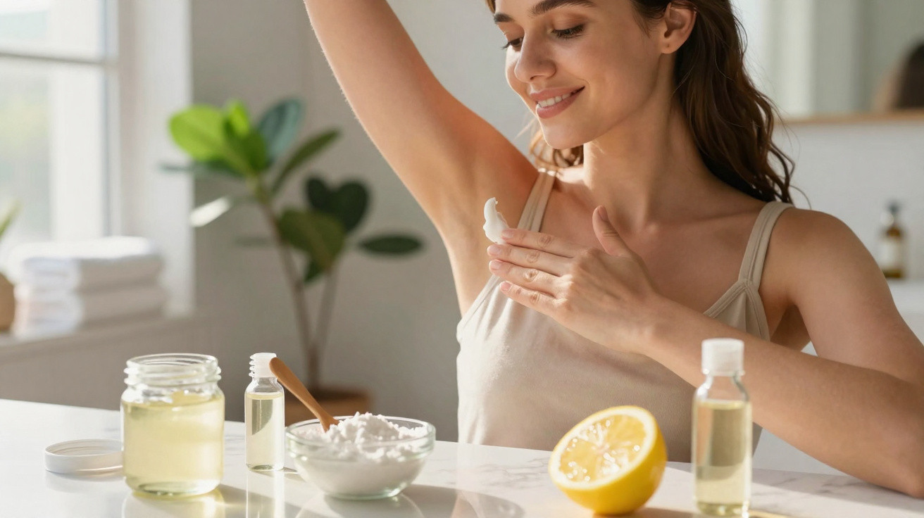 Mulher aplica creme natural na axila, com ingredientes caseiros em frascos no balcão.