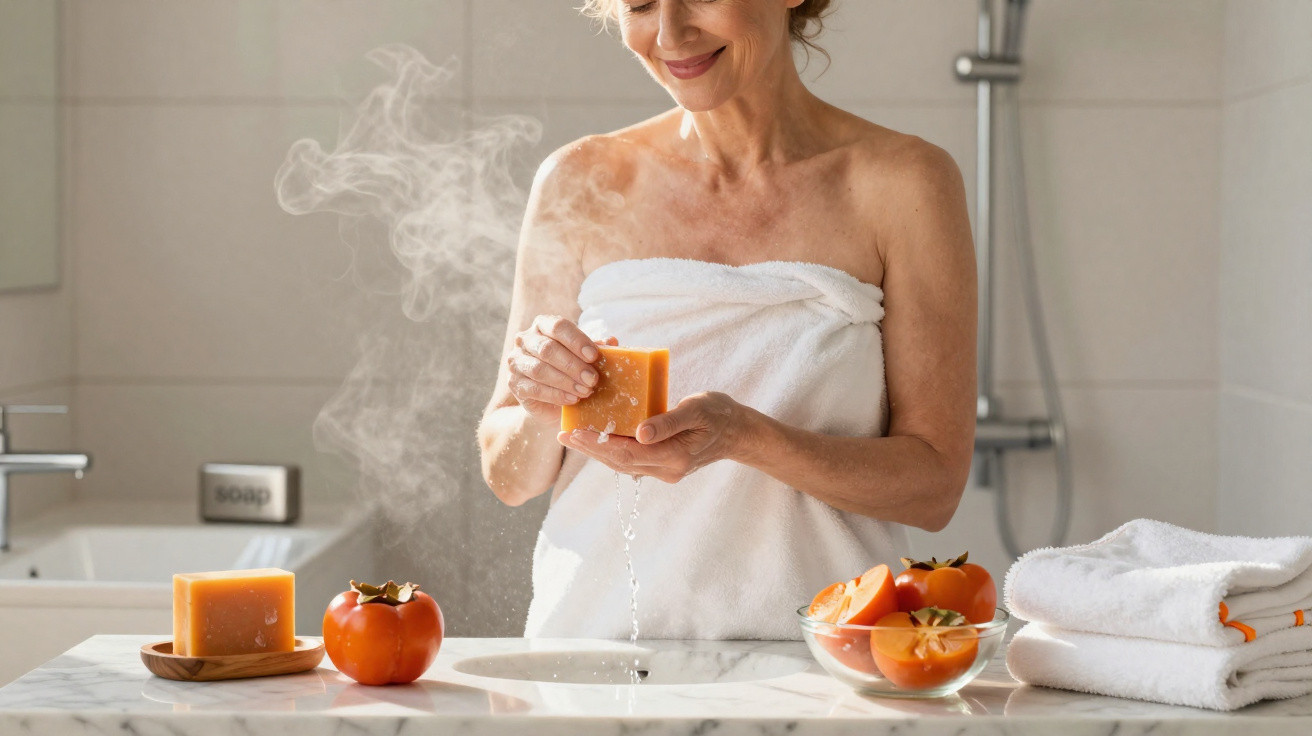 Mulher a ensaboar as mãos com barra de sabão laranja num banheiro claro e moderno.