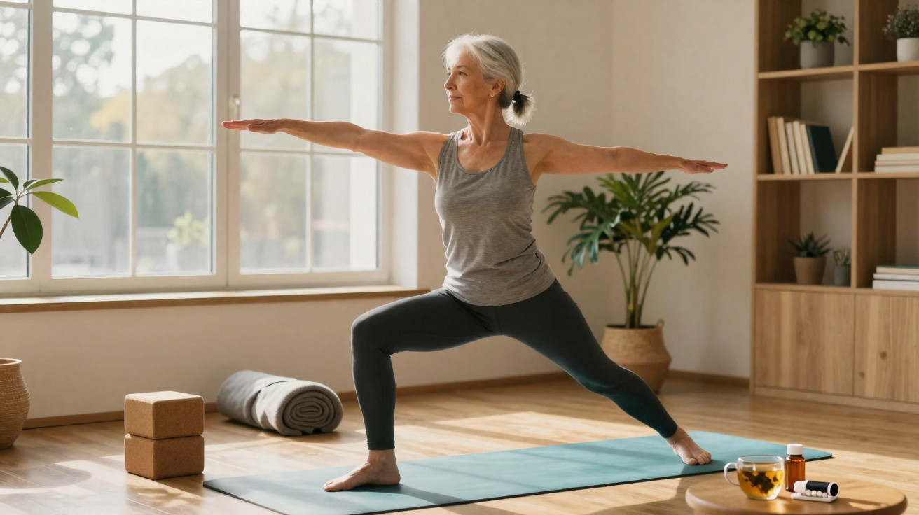 Mulher idosa a fazer yoga em posição de guerreiro numa sala iluminada com plantas e acessórios de exercício.