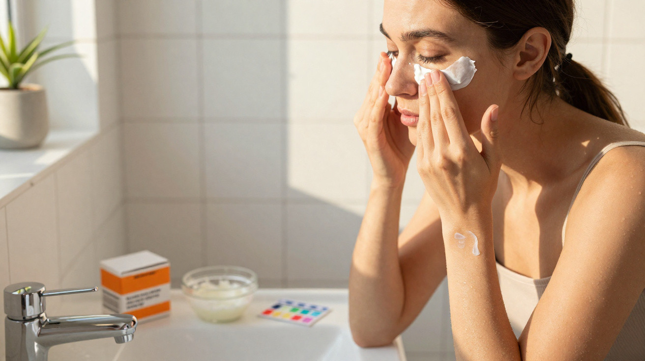 Mulher aplica creme hidratante no rosto junto a lavatório em casa, luz natural entra pela janela.