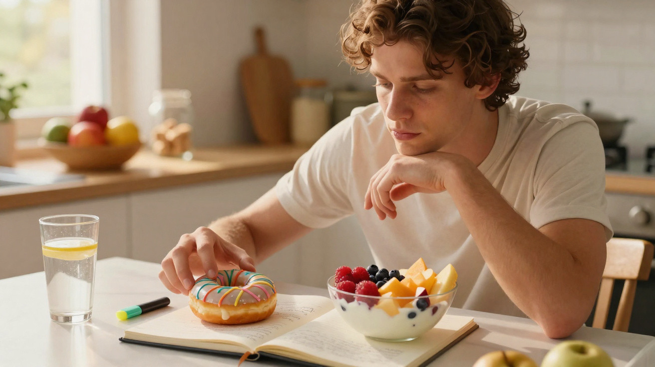 Jovem sentado à mesa, hesita entre um donut colorido e uma taça de iogurte com frutas frescas e água.