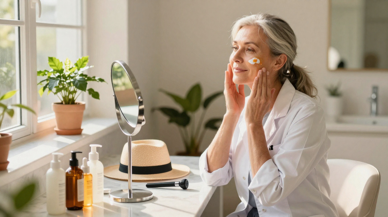 Mulher madura a aplicar creme no rosto sentada junto a uma mesa com produtos de beleza e espelho.