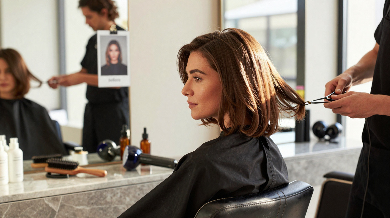 Mulher sentada num cabeleireiro a cortar o cabelo, com capa preta e espelho ao fundo.