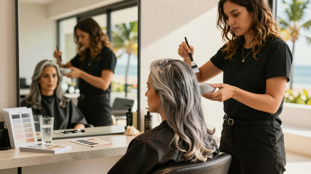 Mulher com cabelos grisalhos a receber coloração por cabeleireira num salão com espelho grande.