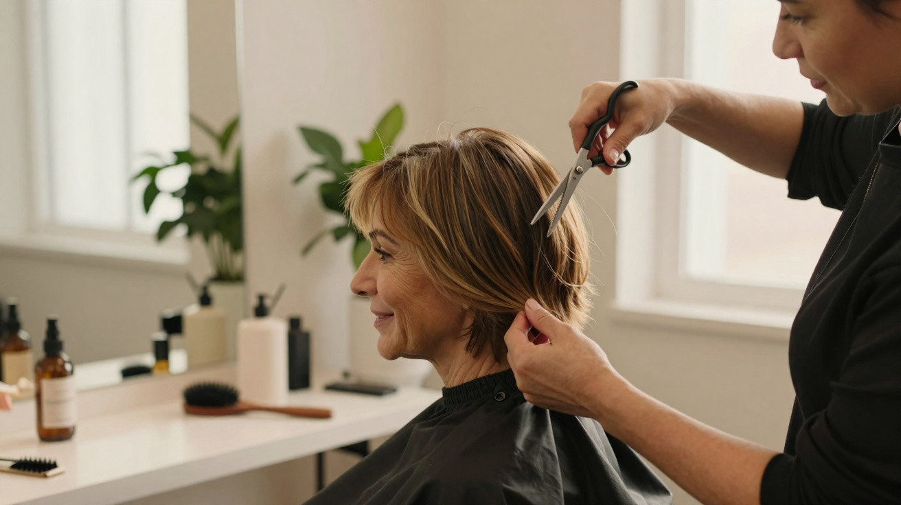 Mulher sorridente a cortar cabelo curto num salão de beleza com estilista profissional.