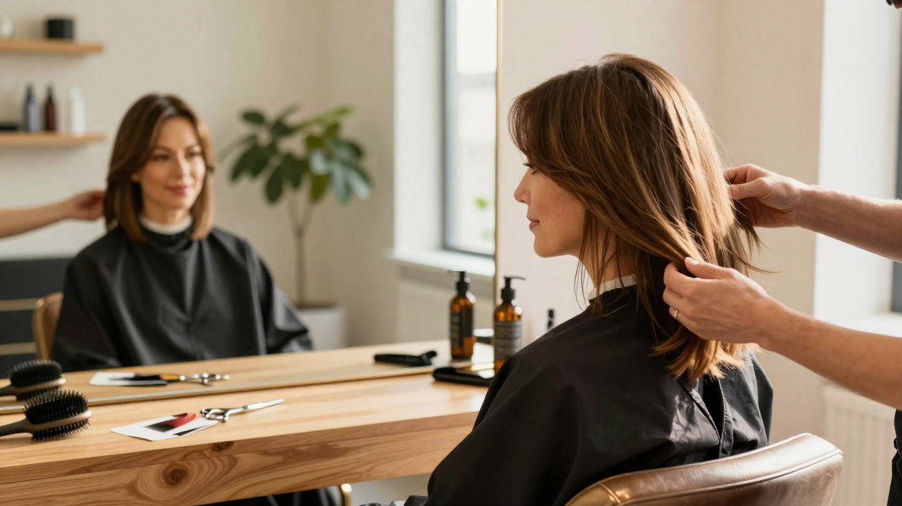 Mulher sentada numa cadeira de cabeleireiro a ser atendida enquanto observa o seu cabelo ao espelho.