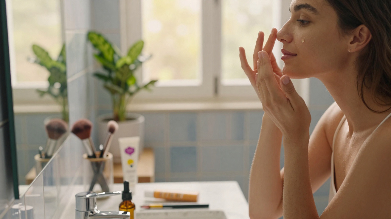 Mulher aplicando creme facial juntamente a gotas de água no rosto, junto a uma pia com produtos de beleza.