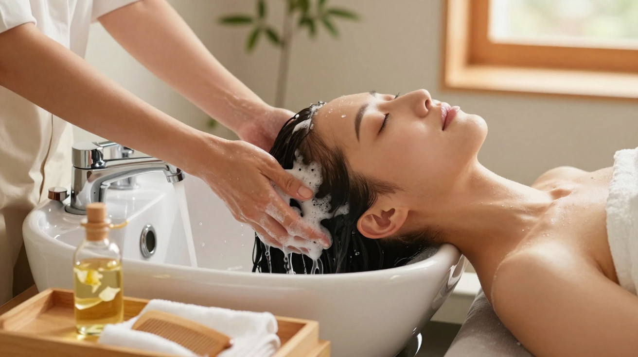 Mulher de olhos fechados a receber lavagem relaxante ao cabelo numa cuba de cabeleireiro.