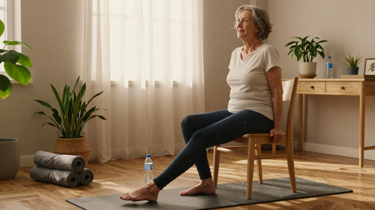 Mulher sénior faz exercício de alongamento sentada numa cadeira numa sala luminosa com plantas e tapete de yoga.