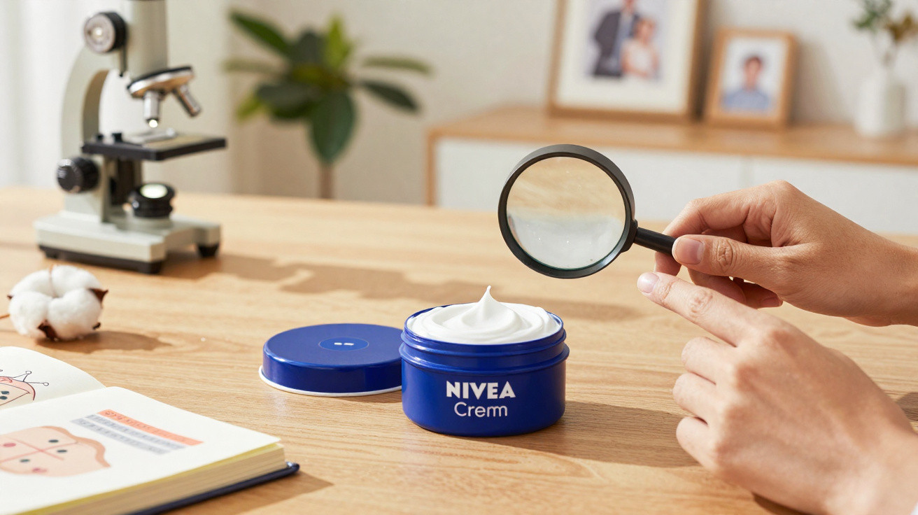 Mãos seguram uma lupa sobre um frasco azul aberto de creme Nivea numa mesa de madeira com microscópio ao fundo.