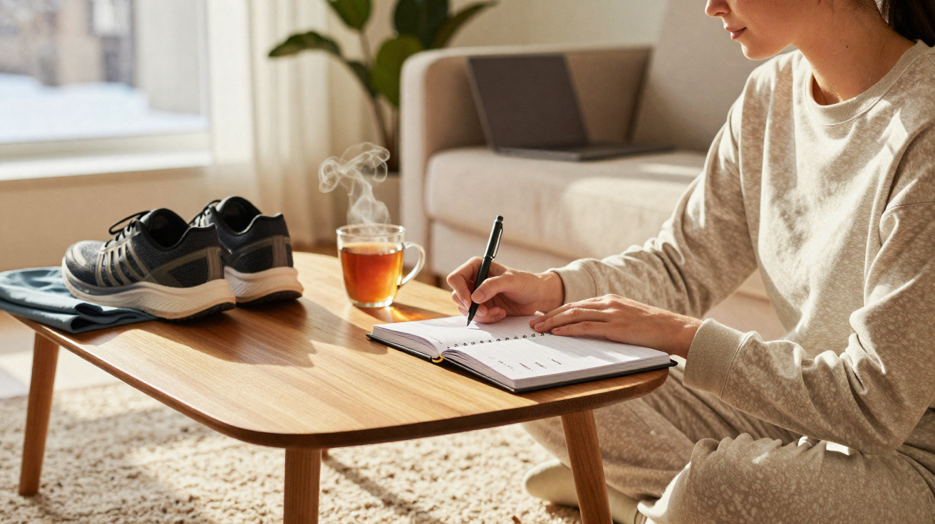 Pessoa sentada a escrever numa agenda com ténis, roupa de desporto e chá quente numa mesa de madeira.