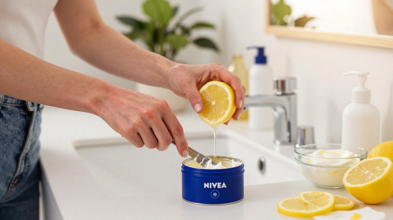 Pessoa a espremer sumo de limão para um frasco azul de creme Nivea numa bancada de casa de banho.