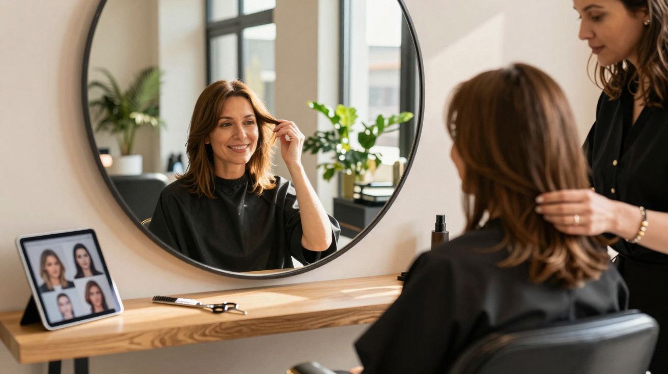 Mulher sorridente sentada em salão de beleza, a cabeleireira verifica o cabelo enquanto ela observa o espelho.