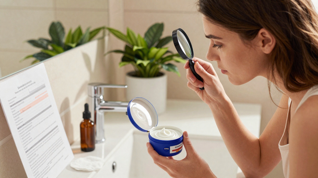 Mulher examina creme facial com lupa na casa de banho, com plantas e frasco no lavatório ao fundo.