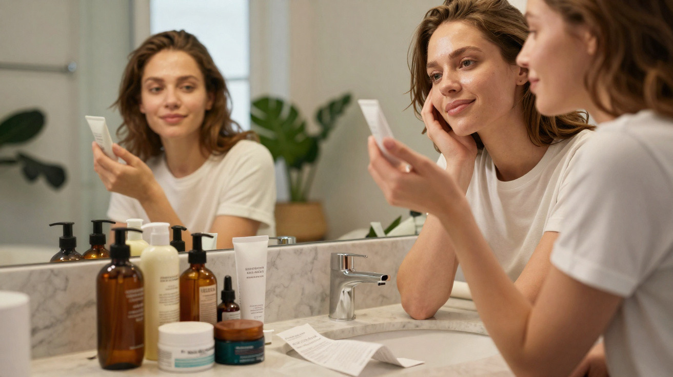 Mulher jovem de branco aplica creme facial em frente ao espelho na casa de banho com produtos à sua frente.