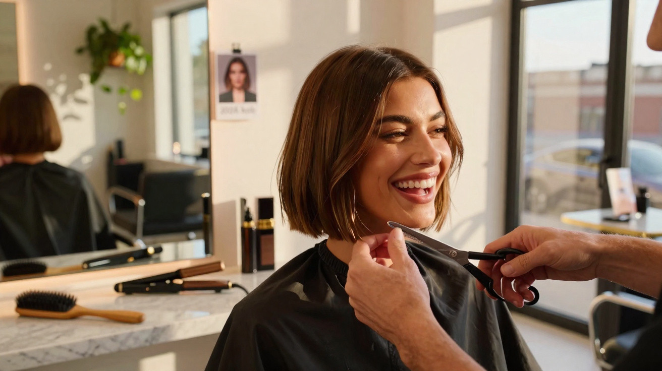 Mulher sorridente sentado numa cadeira de cabeleireiro enquanto corta o cabelo curto castanho.