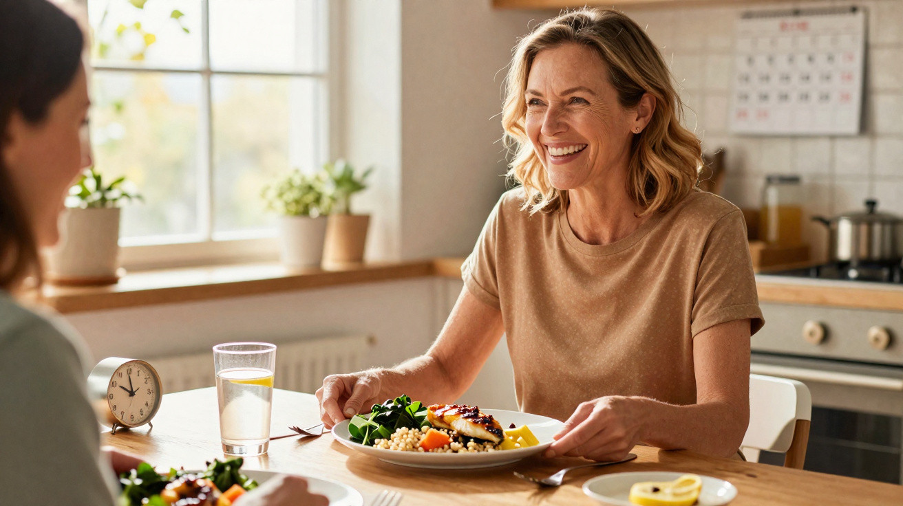 Duas mulheres a sorrir e a conversar enquanto jantam numa cozinha iluminada pela luz natural.