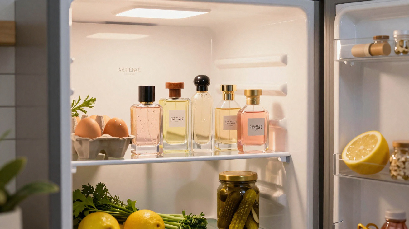 Interior de frigorífico com perfumes, ovos, legumes, limão e frascos de especiarias.
