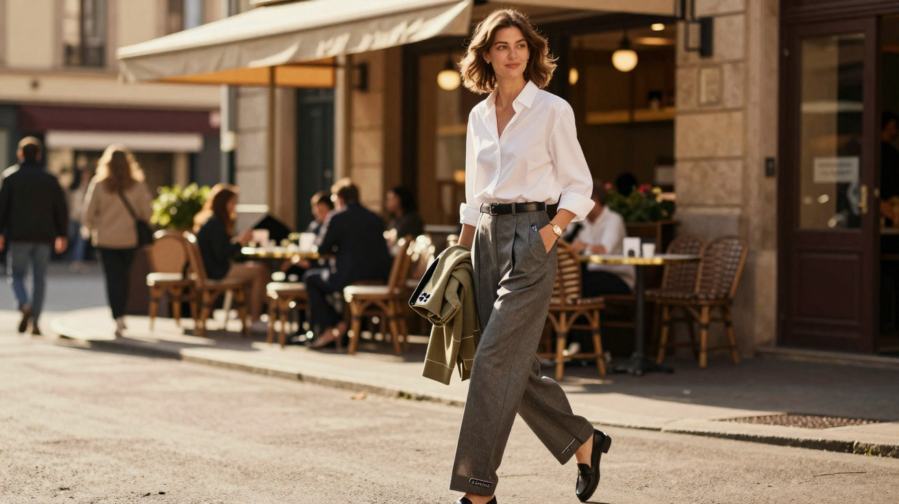 Mulher elegante a caminhar na rua junto a um café ao ar livre, vestindo camisa branca e calças cinza.