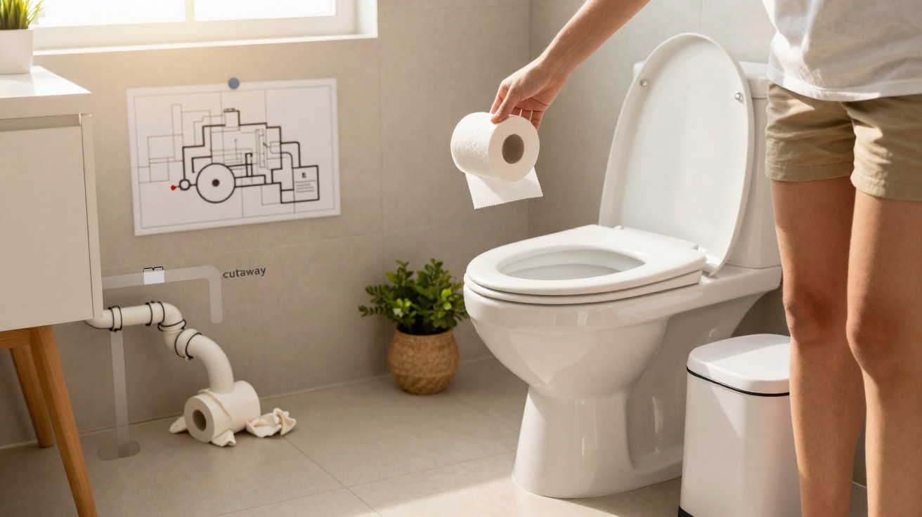 Interior de casa de banho com sanita, rolo de papel higiénico na mão e plantas decorativas no chão.