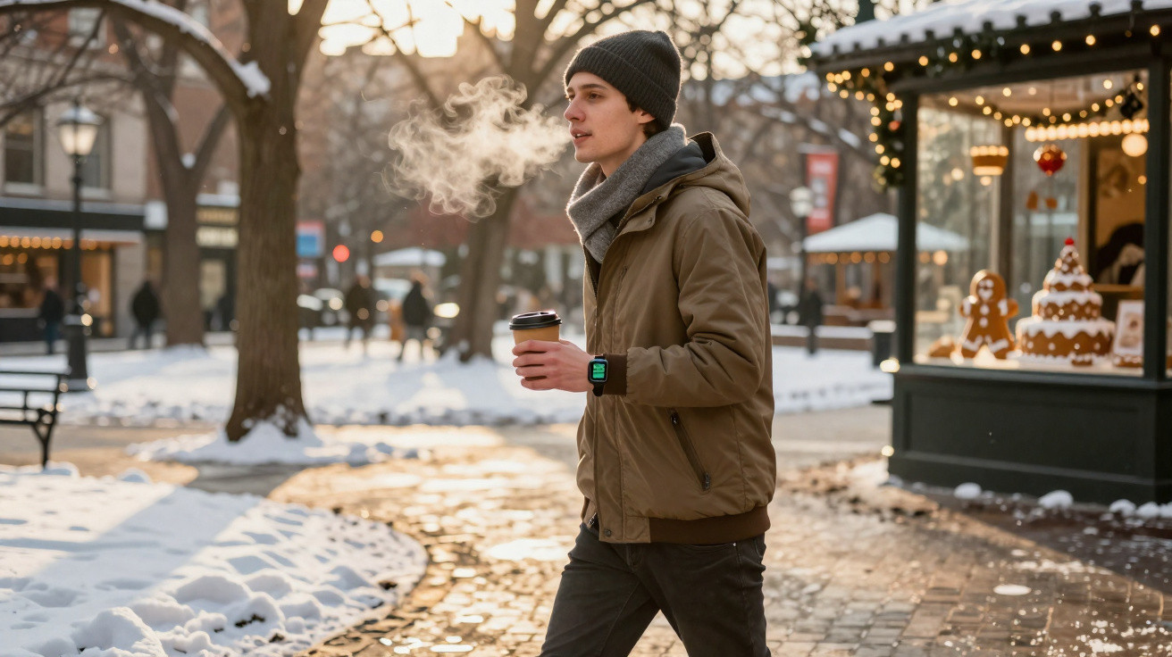 Homem jovem a caminhar com roupa de inverno e a segurar um copo de café num parque com neve.