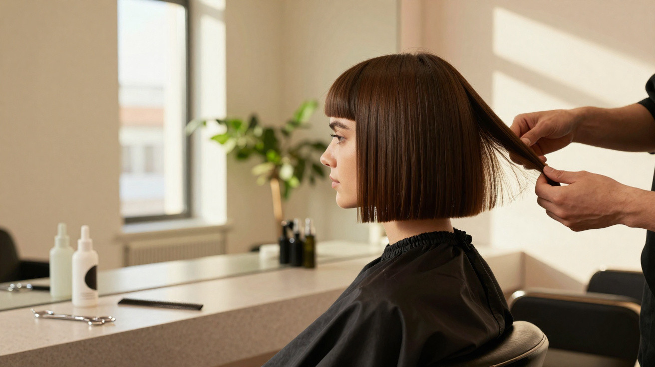 Mulher de perfil a cortar cabelo curto num salão com parede branca e espelho grande.