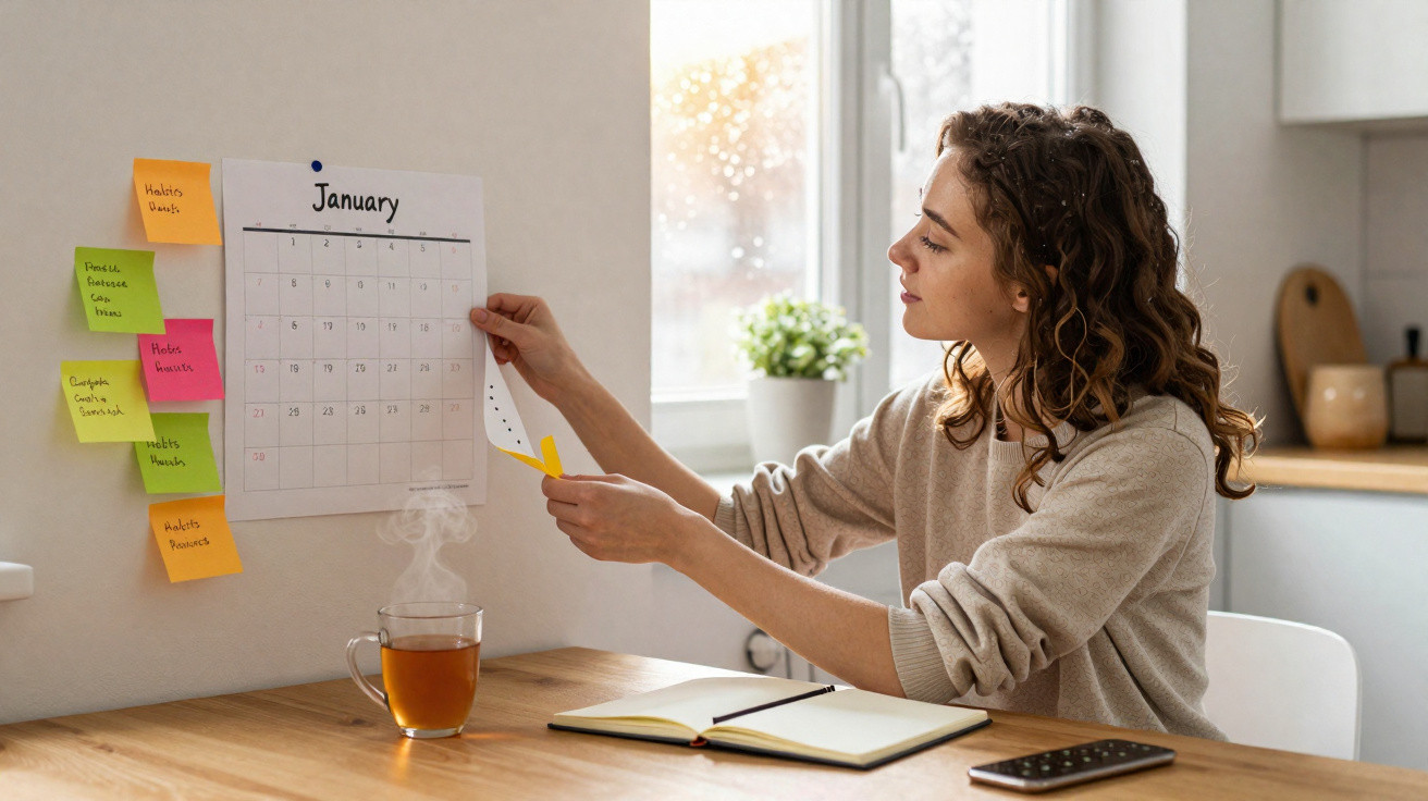 Mulher com suéter bege organiza calendário de janeiro na parede, com notas coloridas e chá quente na mesa.